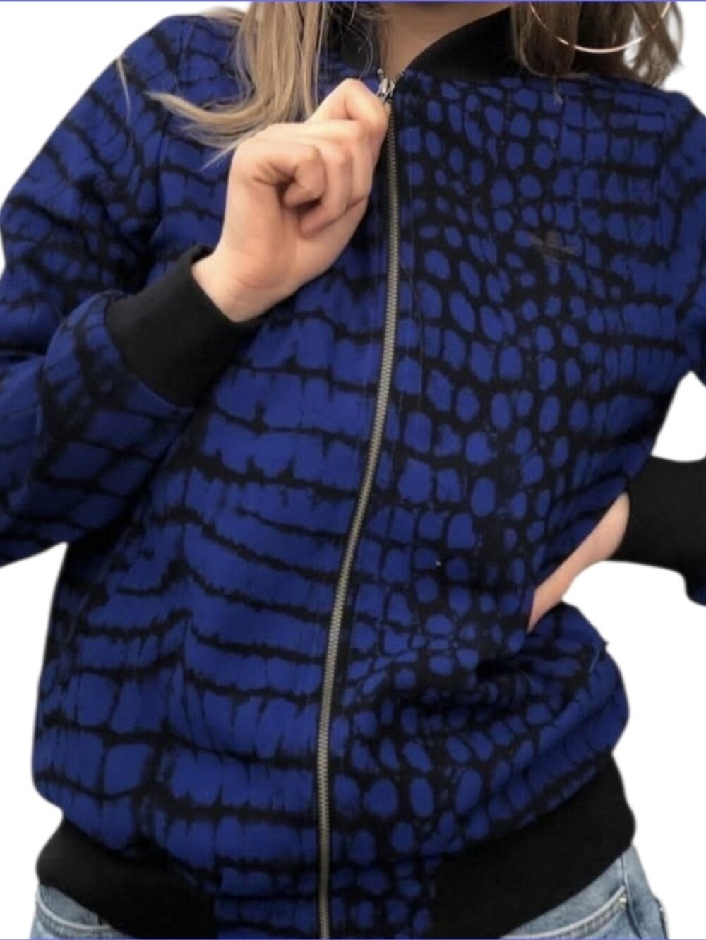Adidas ($150) Originals Blue and Black Snakeskin Print Bomber Track Jacket